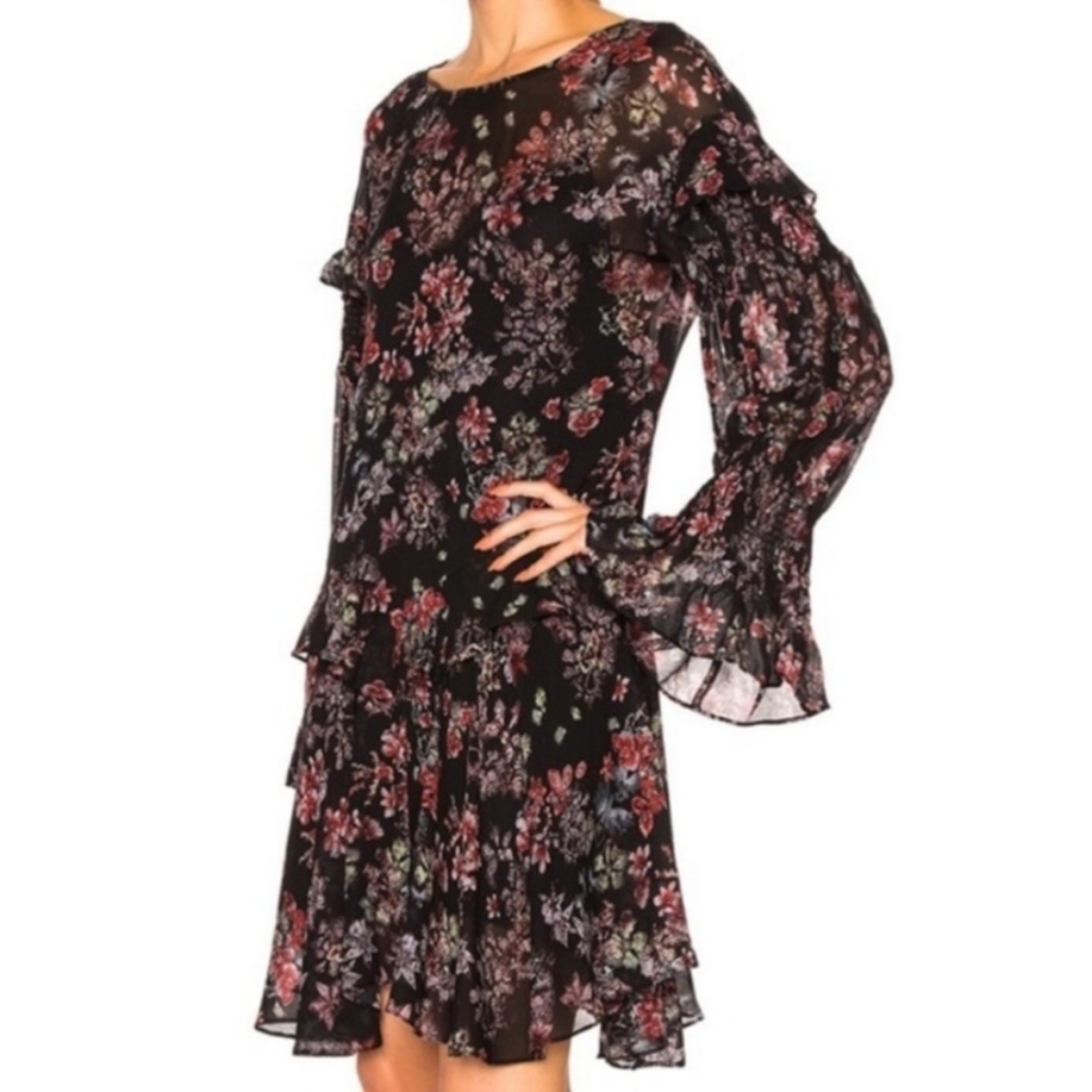 IRO black chiffon floral long sleeve ruffle dress